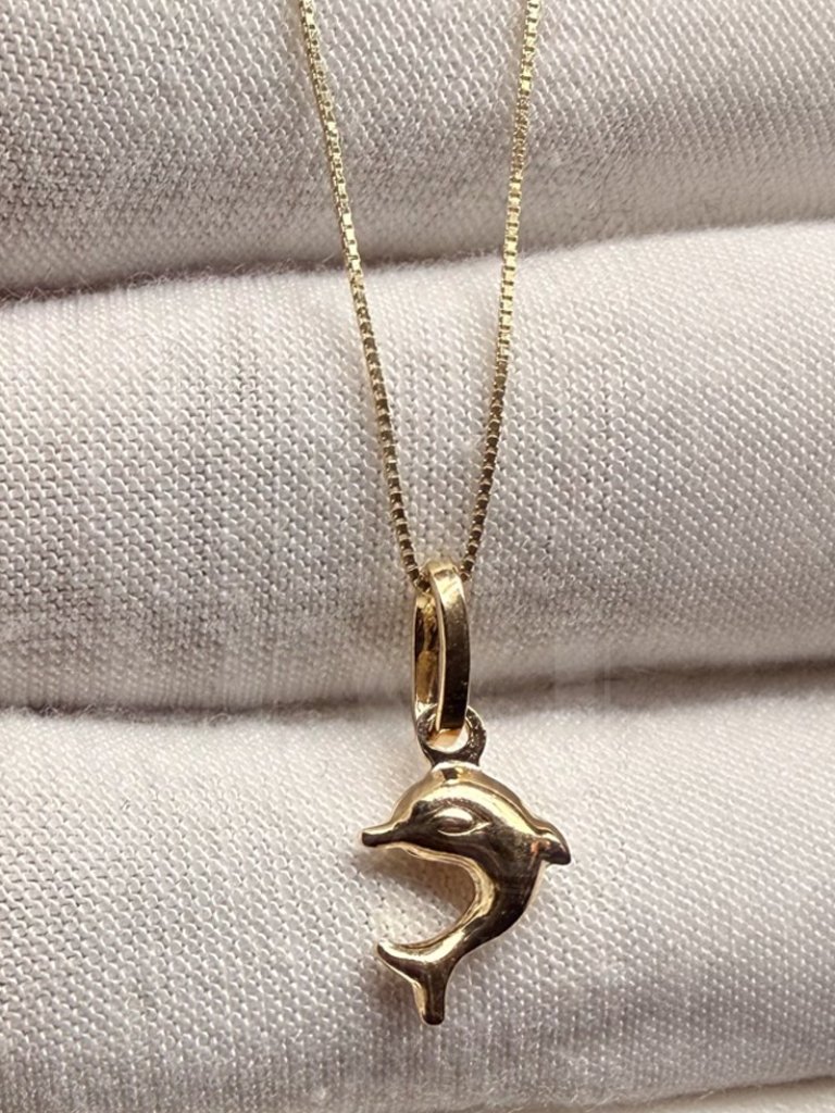 14k Yellow Gold Hollow Dolphin Pendant With 0.5 Mm Box Chain - 20 Inch